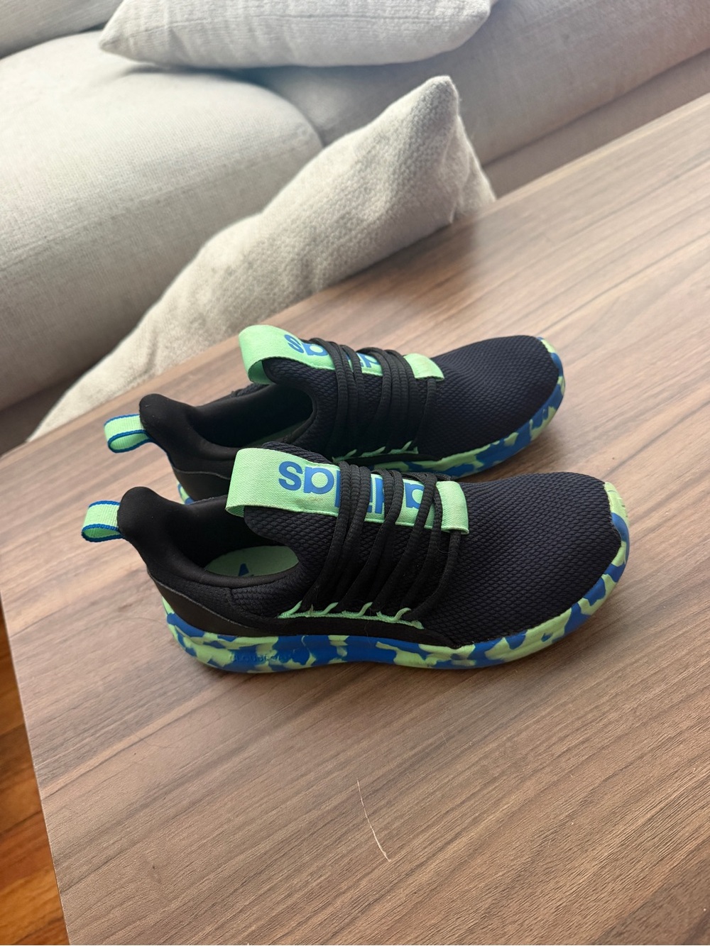 adidas Kids Black Sneakers with Neon Green and Blue Accents